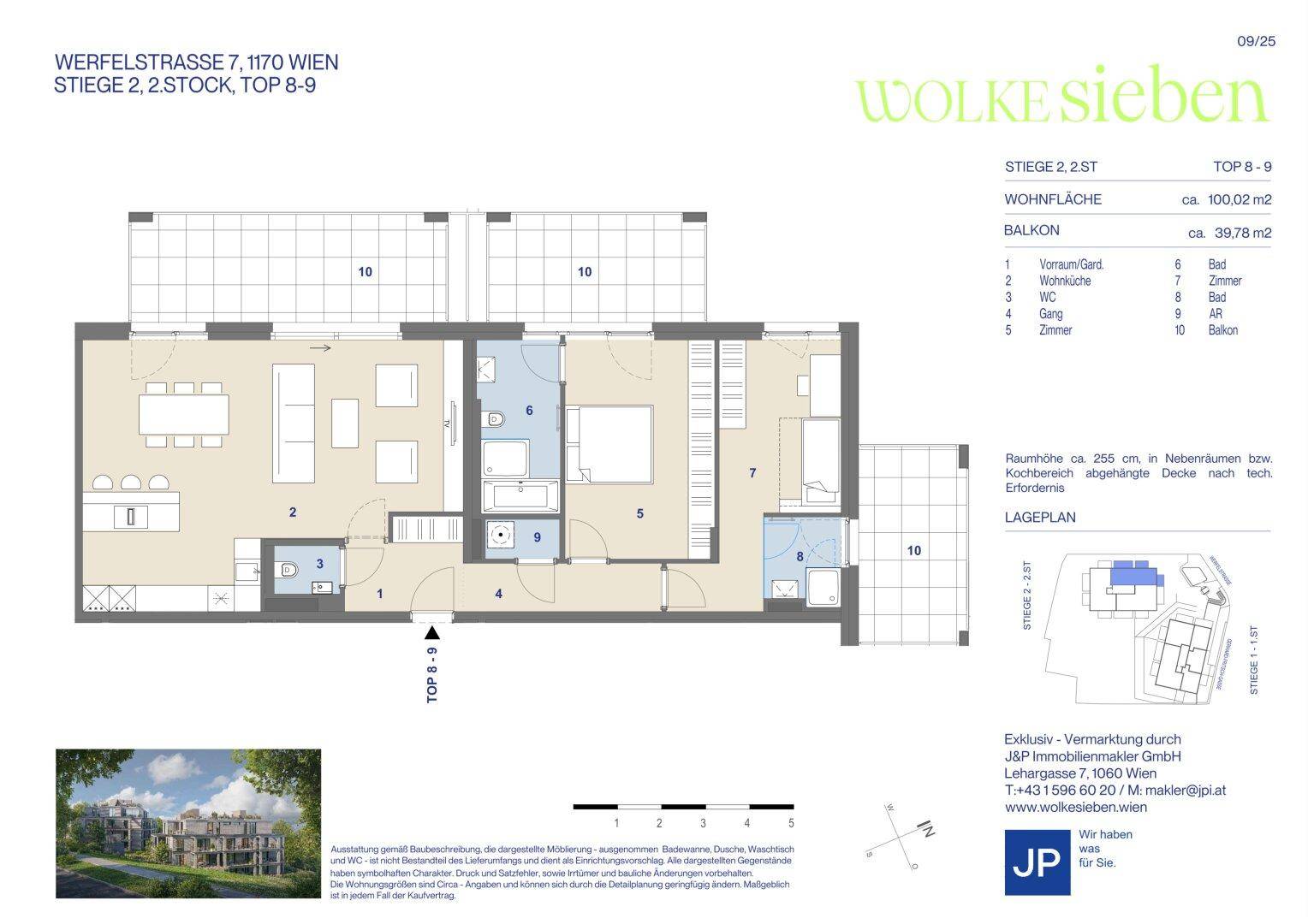 Detaillierter Grundriss einer Wohnung mit Balkon, Schlafzimmern und offenem Wohnbereich.