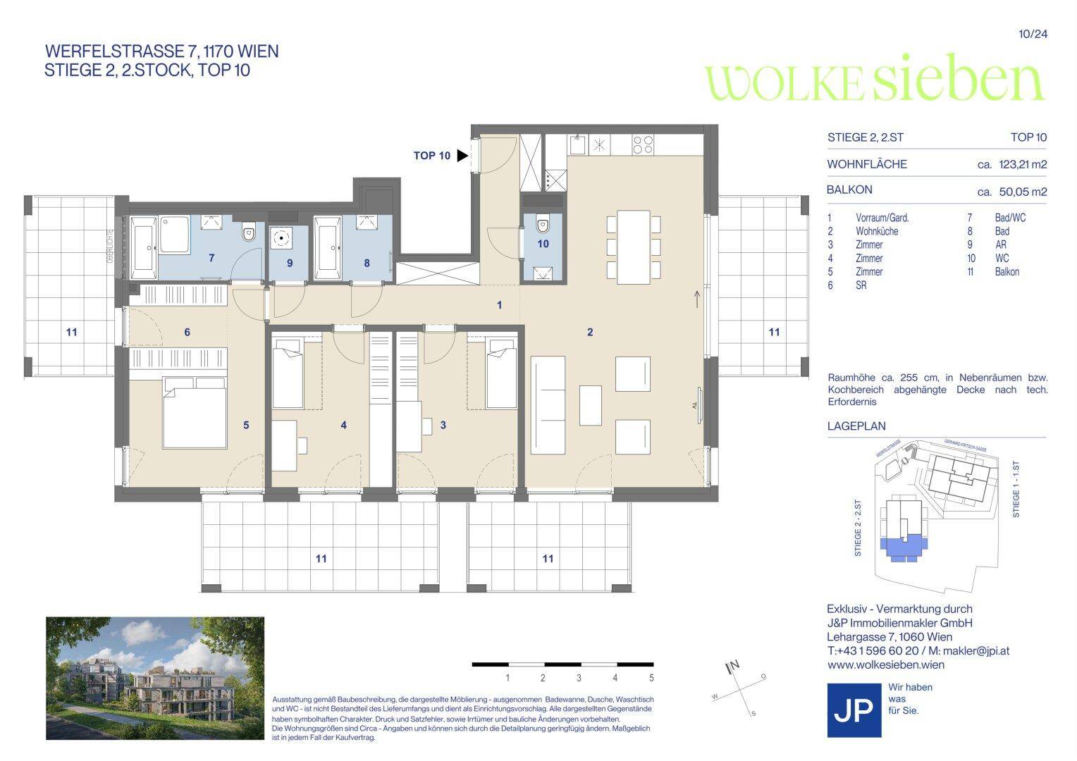Detaillierter Grundriss einer Wohnung mit drei Schlafzimmern, offenem Wohnbereich und großem Balkon.