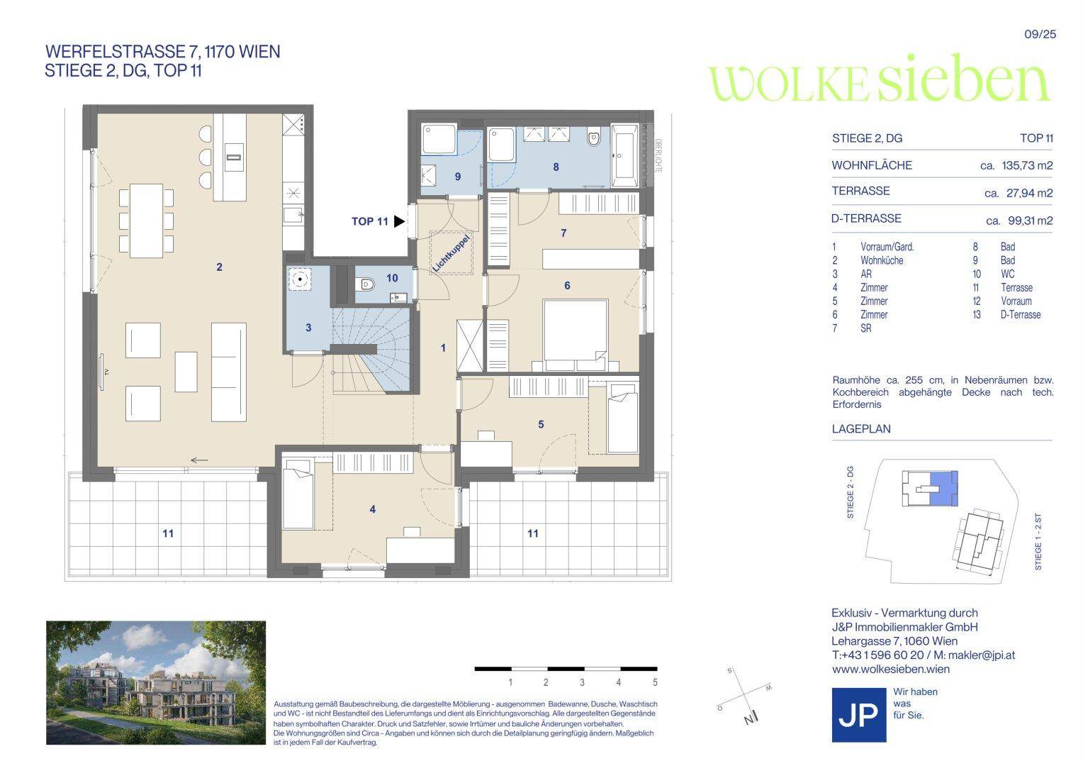 Grundriss der oberen Etage mit offenem Wohnbereich, drei Schlafzimmern und Terrassenzugang.