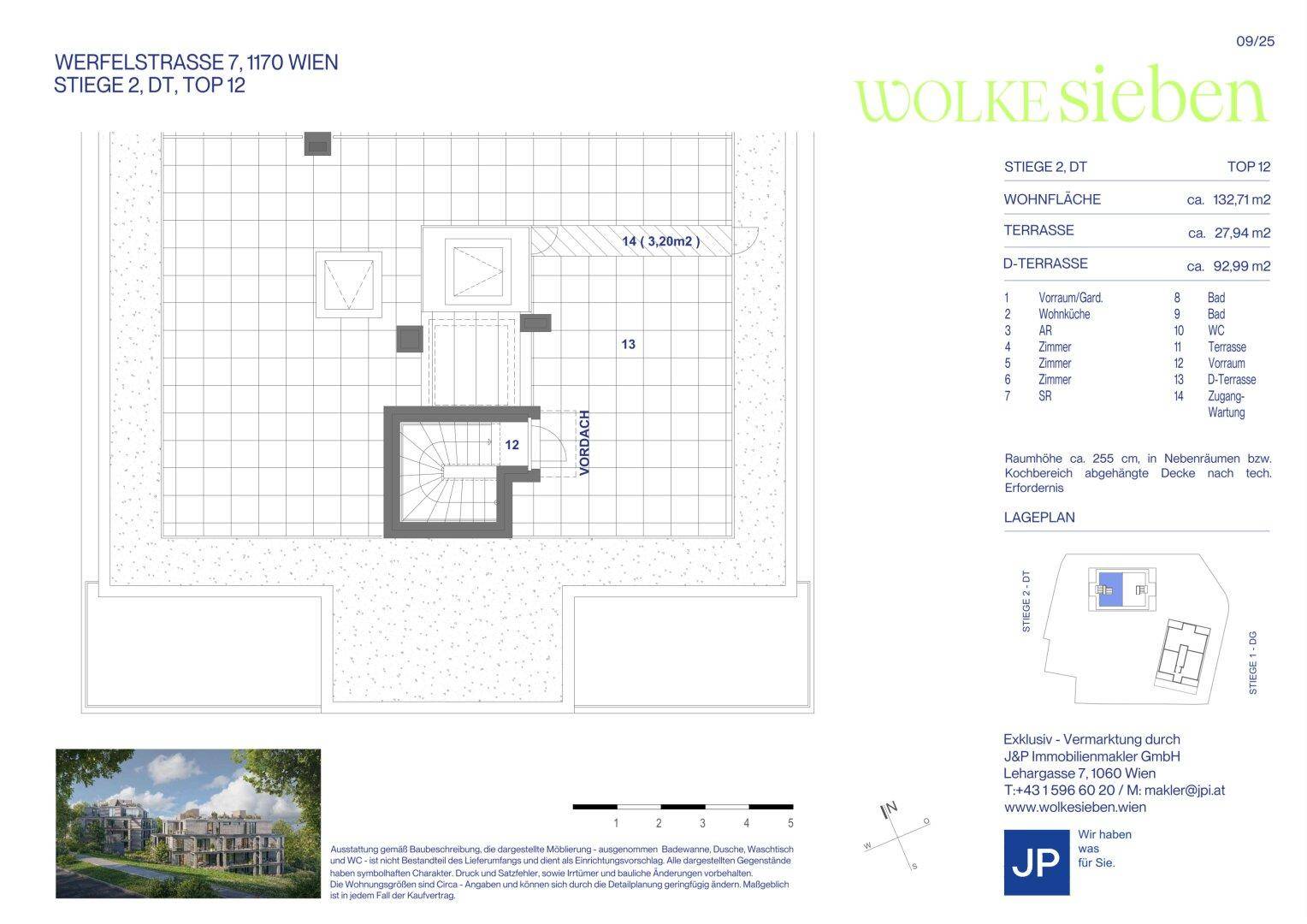 Grundriss einer oberen Etage mit Zugang zu einer großen Dachterrasse.