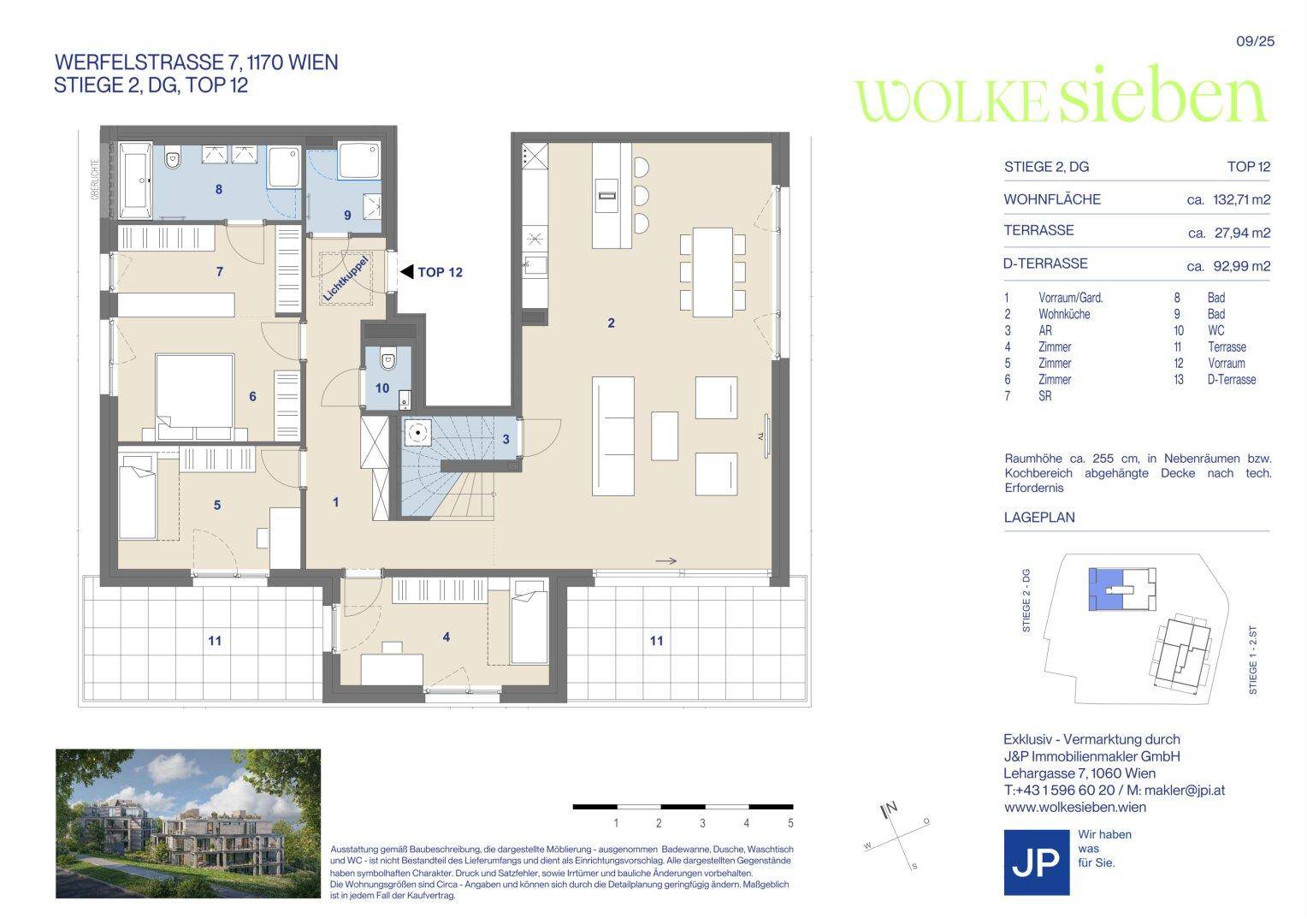 Grundriss einer Wohnung mit mehreren Zimmern, Bädern und einer großen Terrasse.