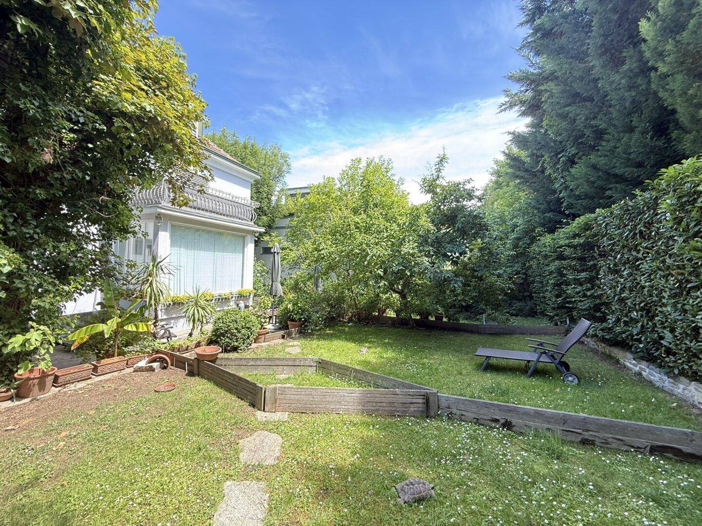 Sonnige Gartenoase mit Rasenfläche, Bäumen, Pflanzenkübeln und einer Liege im Freien.