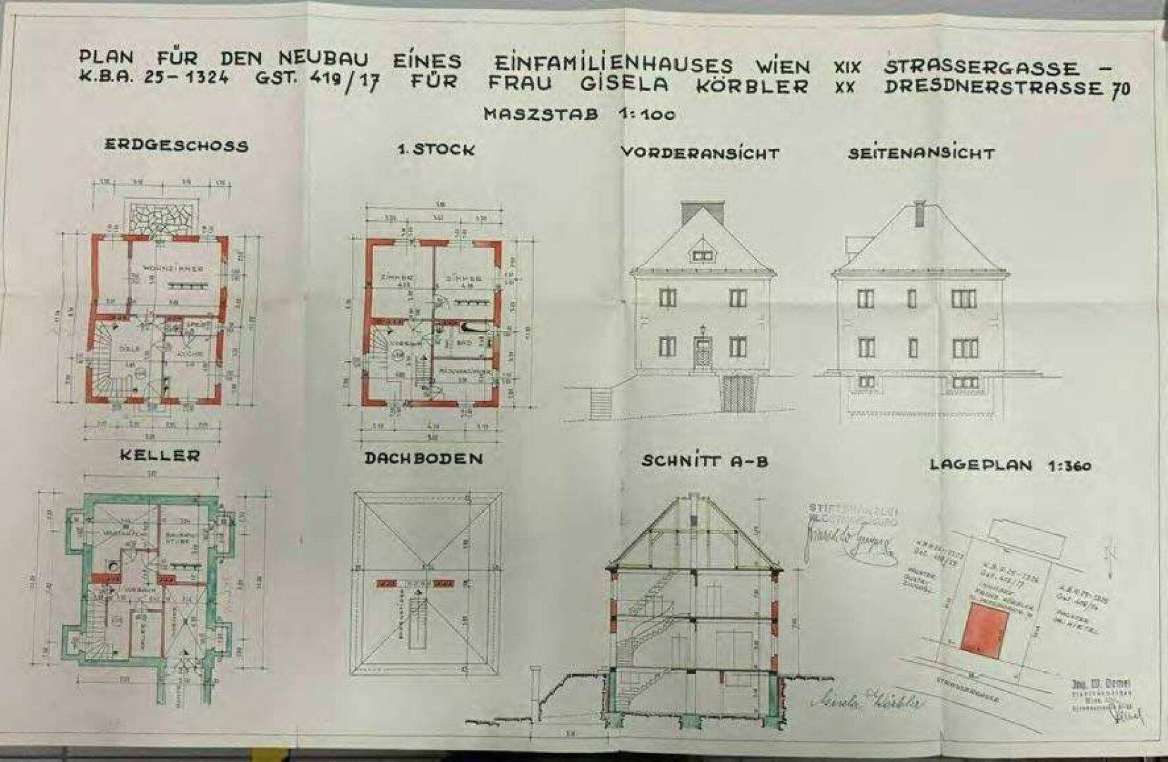 Detaillierter Bauplan für ein Einfamilienhaus mit Grundrissen, Ansichten und Schnitten.