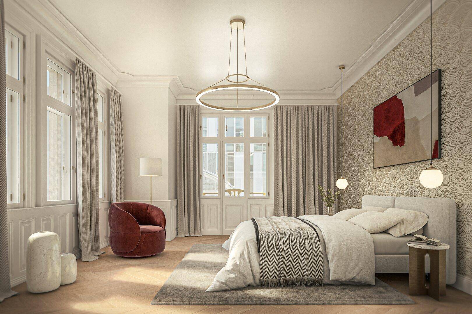 Helles Schlafzimmer mit stilvoller Einrichtung, großen Fenstern und dekorativer Tapete.
