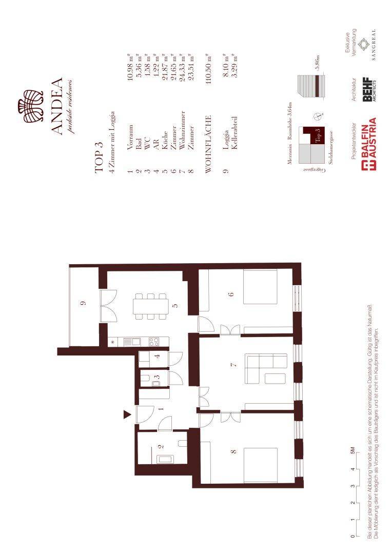 Grundriss der Wohnung TOP 3 mit drei Zimmern, Loggia und separatem WC.