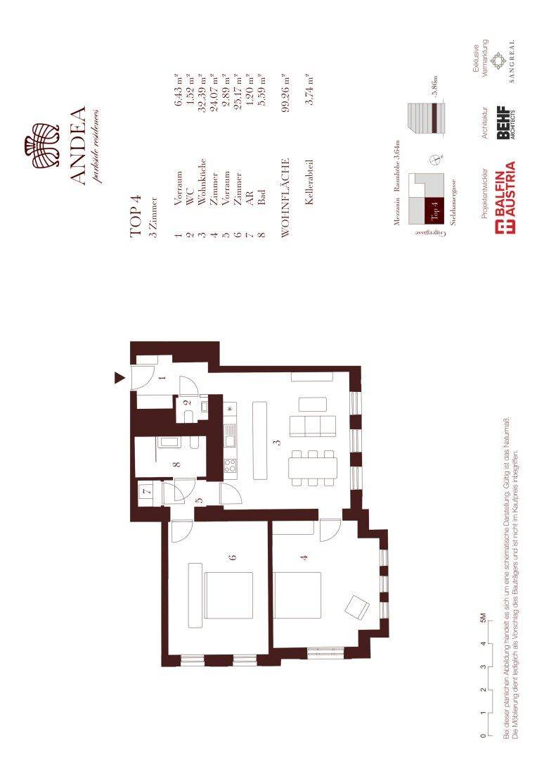 Grundriss der Wohnung TOP 4 mit zwei Schlafzimmern und offenem Wohnbereich.