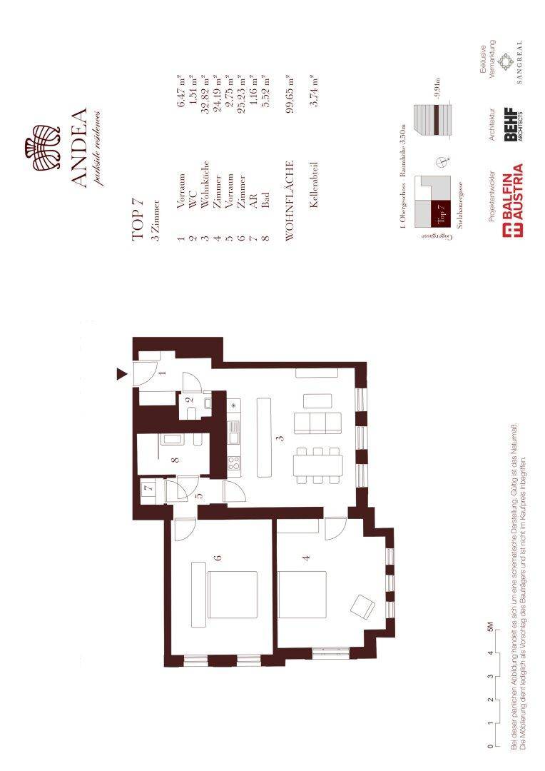 Grundriss der Wohnung TOP 7 mit drei Zimmern und offener Wohnfläche von 99,65 m².
