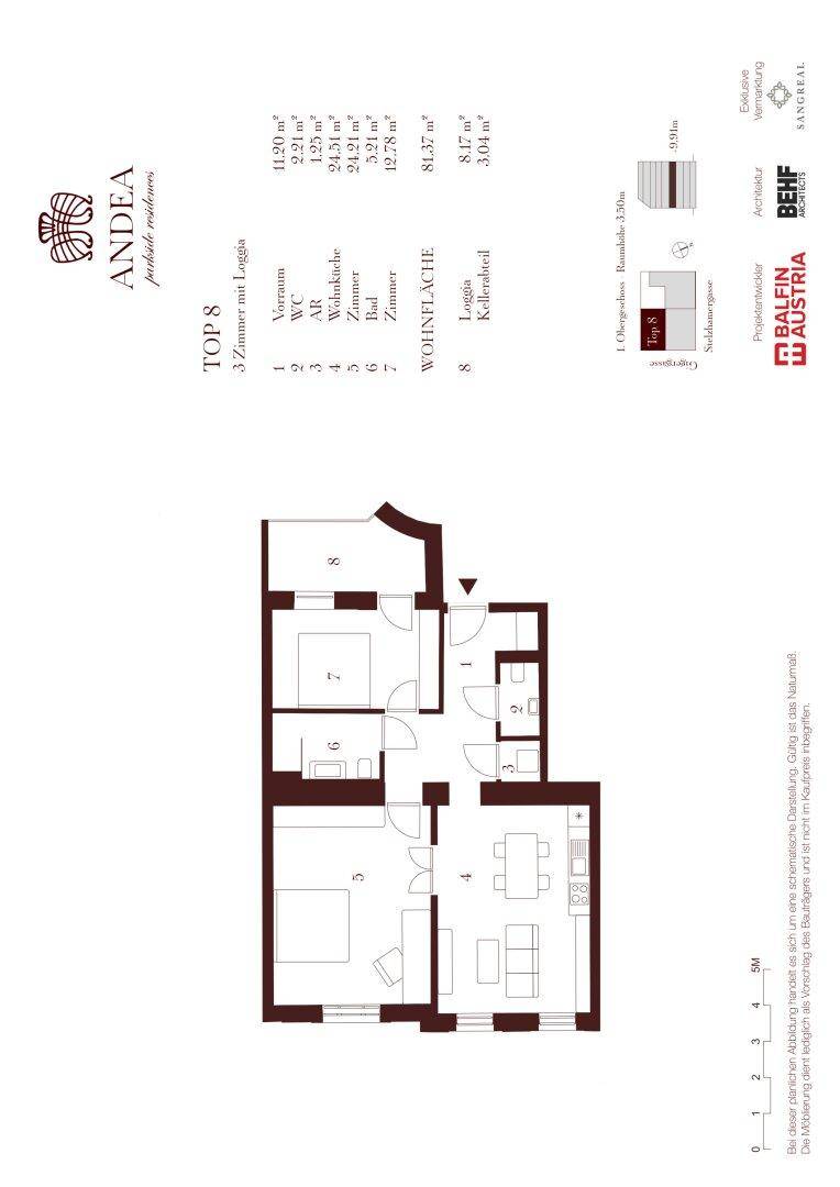 Grundriss der Wohnung Top 8 mit Loggia und detaillierter Raumaufteilung.