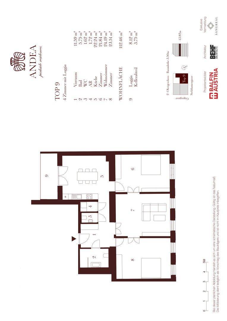 Grundriss der Wohnung TOP 9 mit vier Zimmern und Loggia.