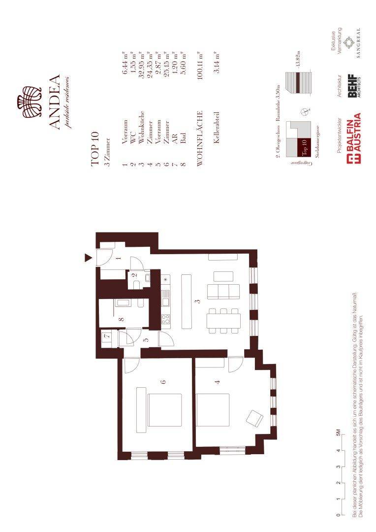 Grundriss einer 3-Zimmer-Wohnung mit offenem Wohnbereich und separaten Schlafzimmern.
