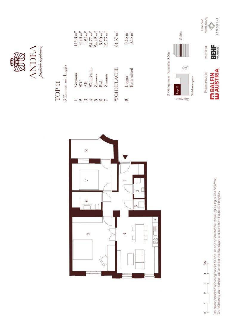 Grundriss der Wohnung Top 11 mit drei Zimmern, Loggia und klarer Raumaufteilung.