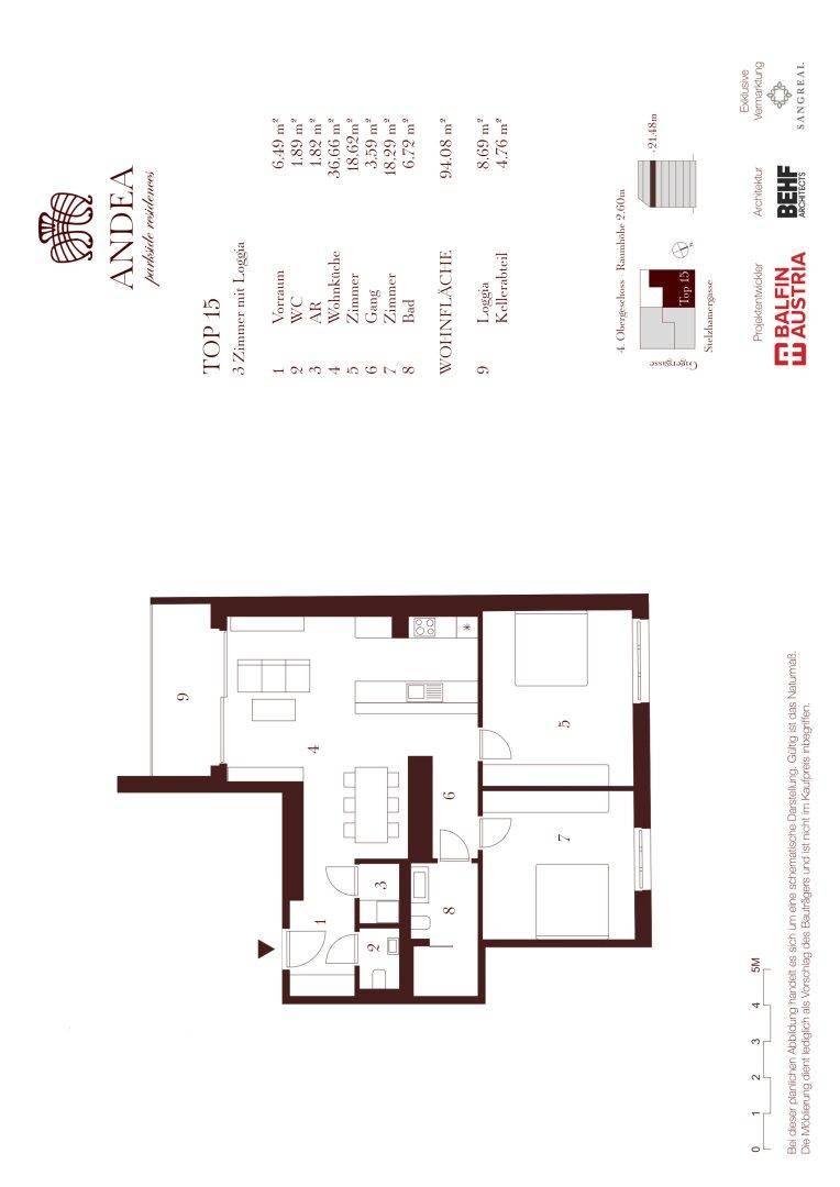 Grundriss der Wohnung Top 15 mit drei Zimmern und einer Loggia.