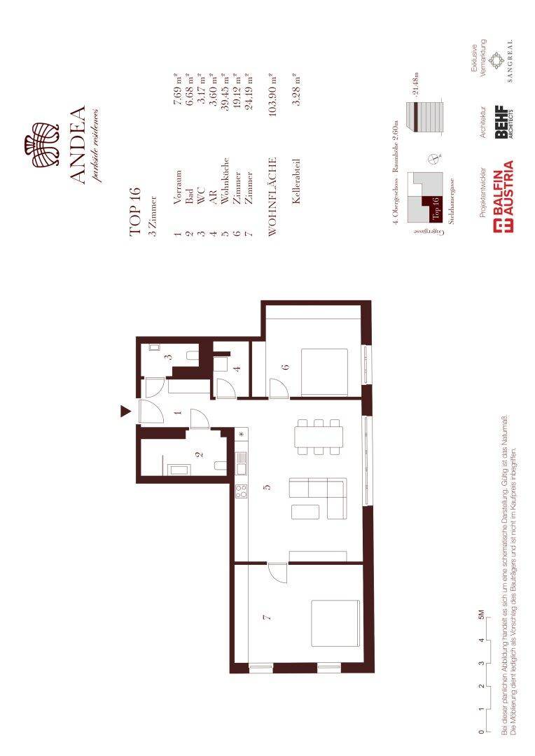 Grundriss der Wohnung Top 16 mit drei Zimmern und klarer Raumaufteilung.