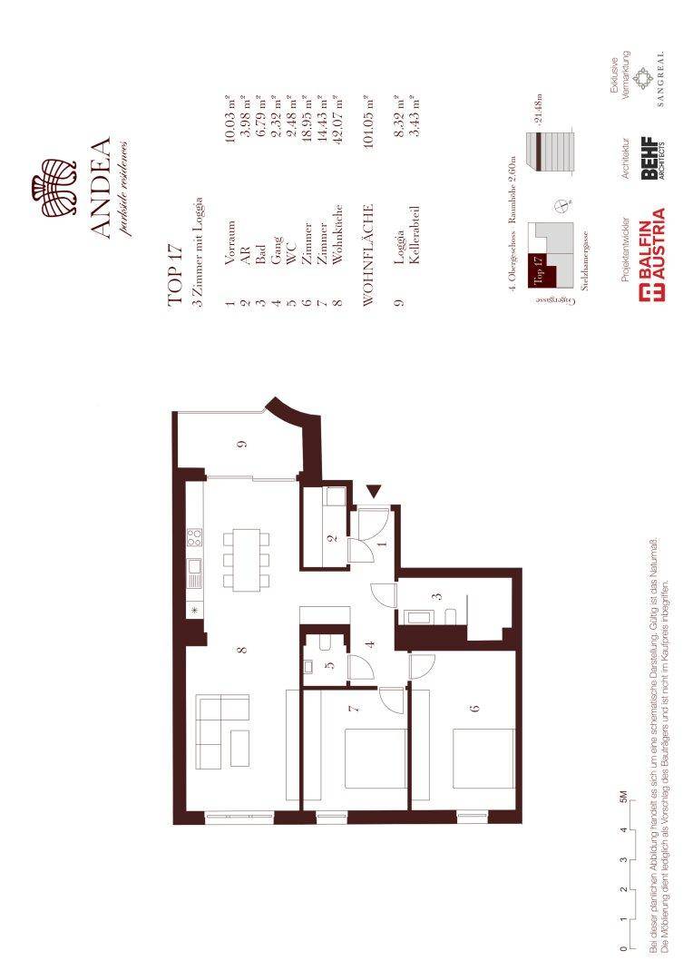 Grundriss der Wohnung Top 17 mit drei Zimmern und Loggia.