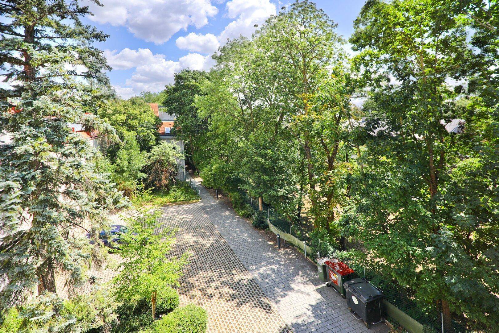 Blick von oben auf einen begrünten Innenhof mit Bäumen und Parkplätzen.