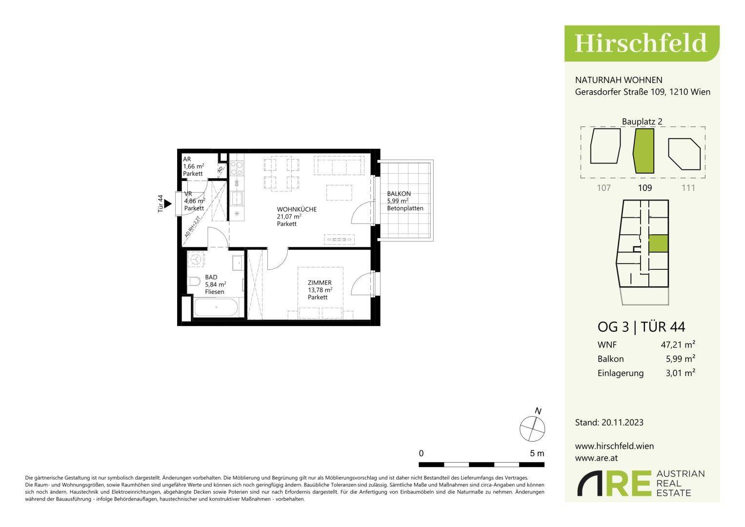 Grundriss einer Wohnung mit 47,21 m² Wohnfläche, Balkon und separatem Bad.