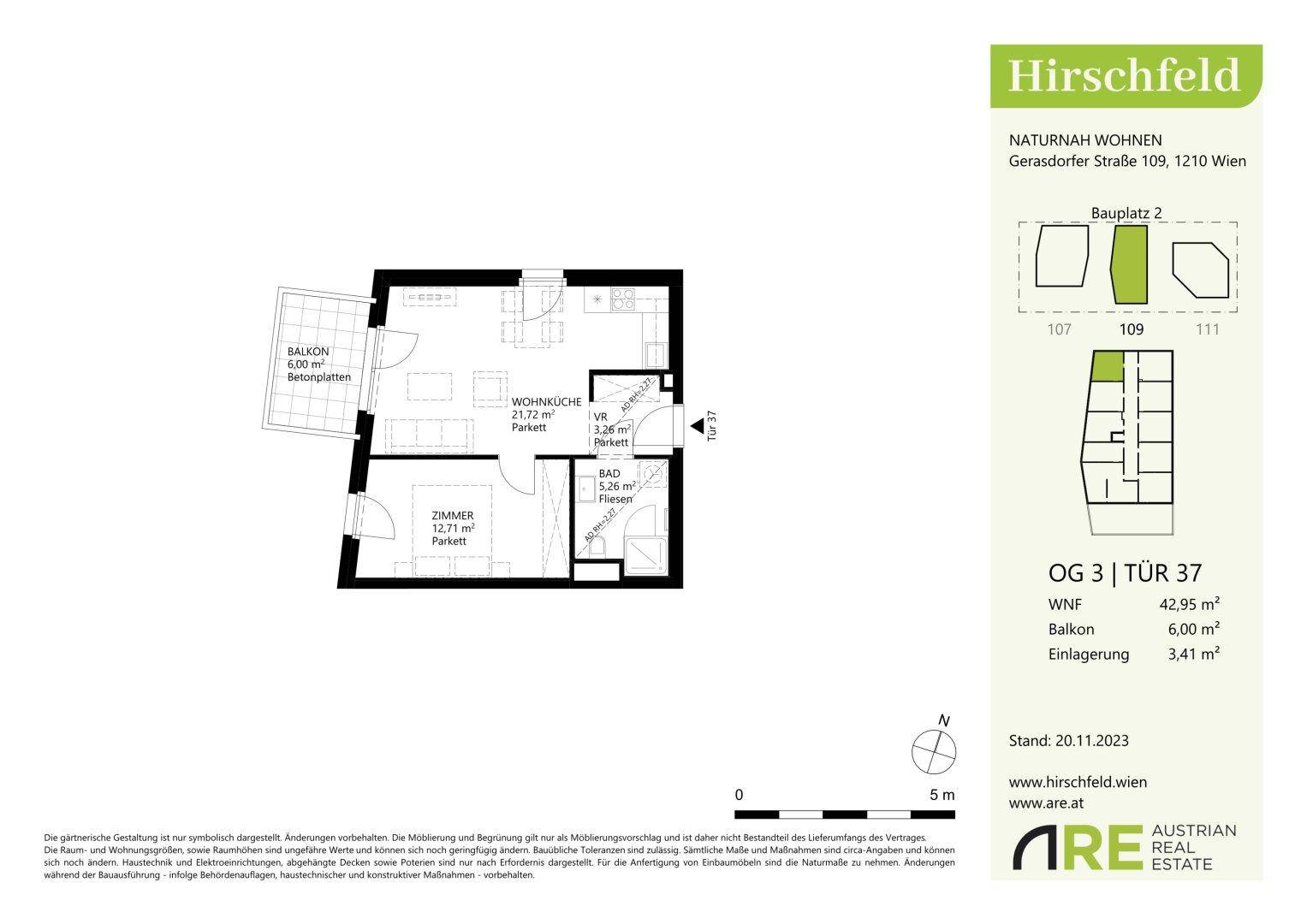 Detaillierter Grundriss einer Wohnung mit Wohnküche, Zimmer und Balkon, inklusive Flächenangaben.
