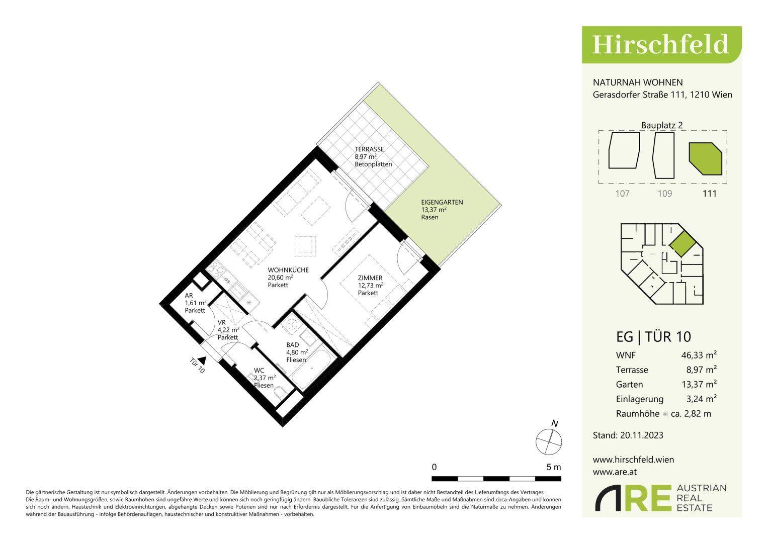 Grundriss einer Wohnung mit Terrasse, Gartenanteil und separatem WC.