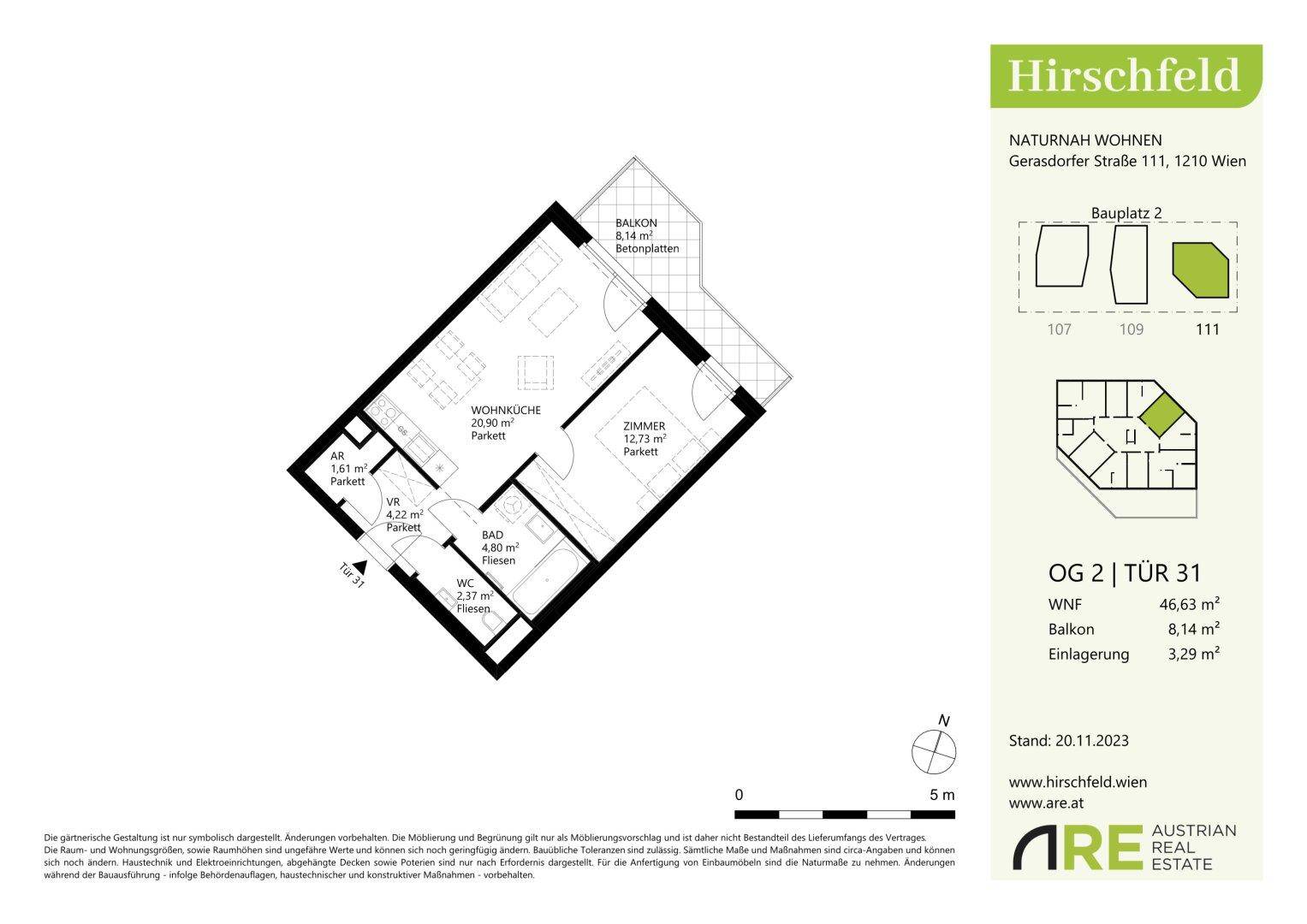 Grundriss der Wohnung OG 2 Tür 31 mit Wohnküche, Schlafzimmer und Balkon.