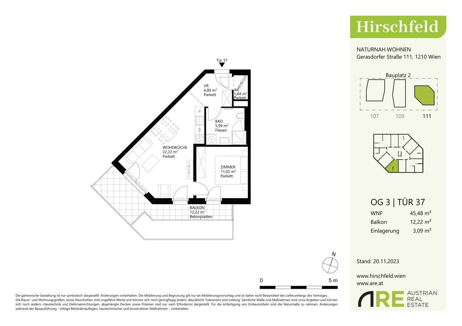 Grundriss einer Wohnung mit 45,48 m² Wohnfläche, Balkon und effizienter Raumaufteilung.
