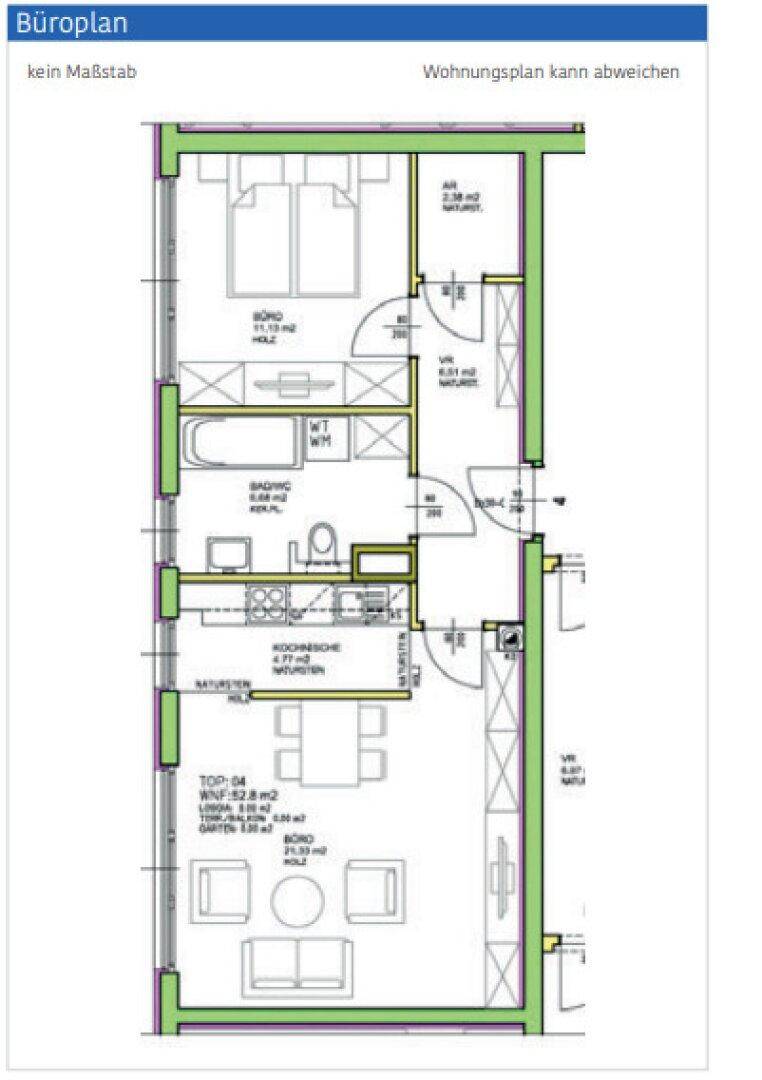 Grundriss einer Wohnung mit Schlafzimmer, Bad, Küche und offenem Wohnbereich.