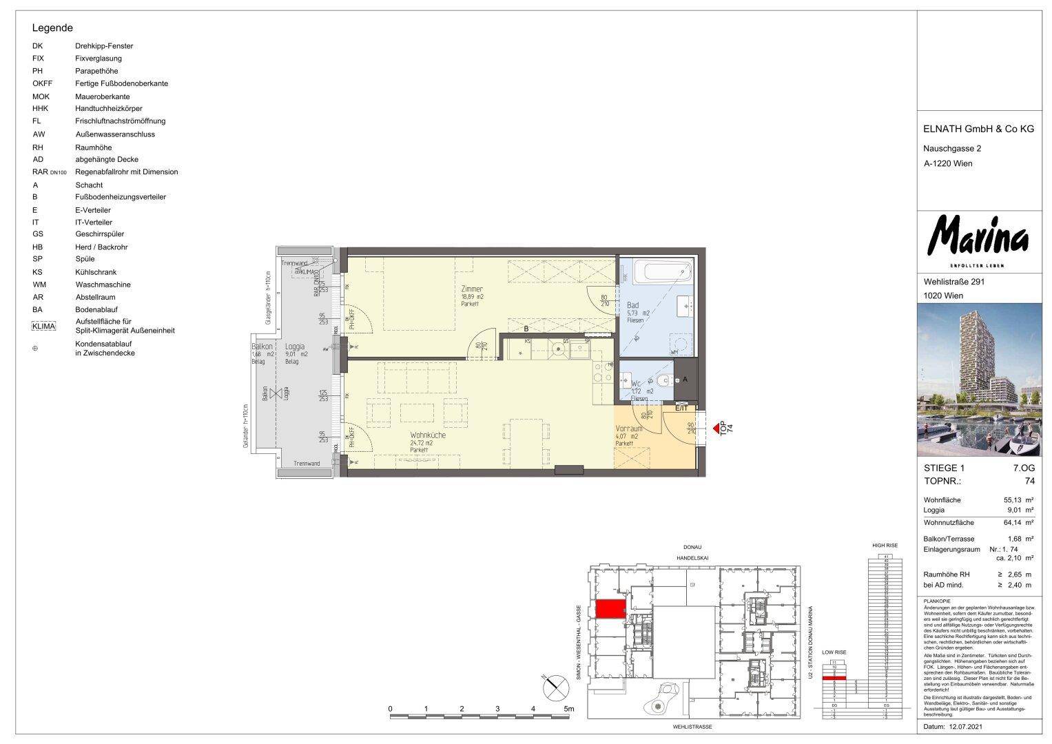 Grundriss einer Wohnung mit Balkon und offener Wohnküche, detailliert dargestellt.
