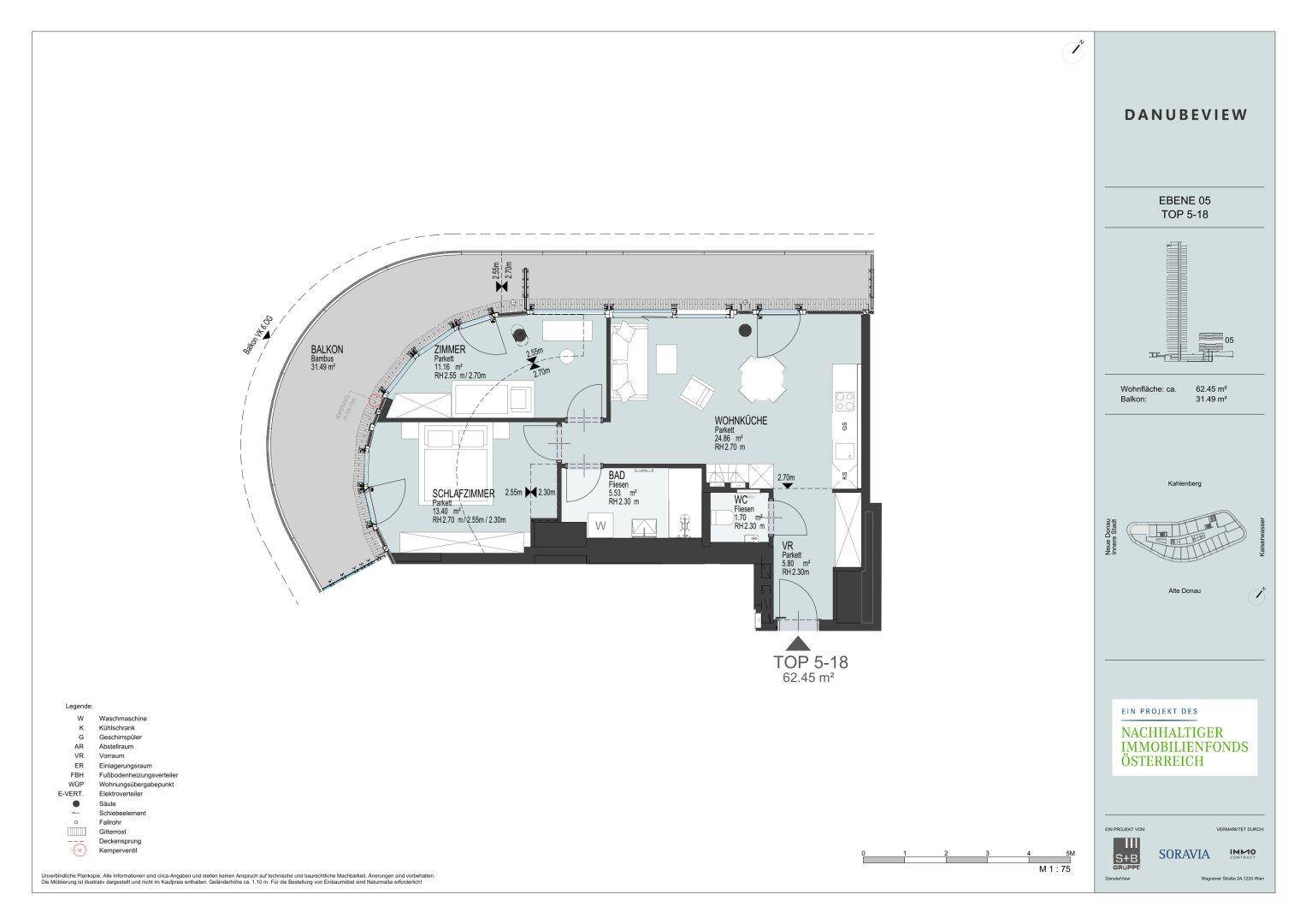 Grundriss der Wohnung TOP 5-18 mit 62,45 m² Wohnfläche und Balkon.