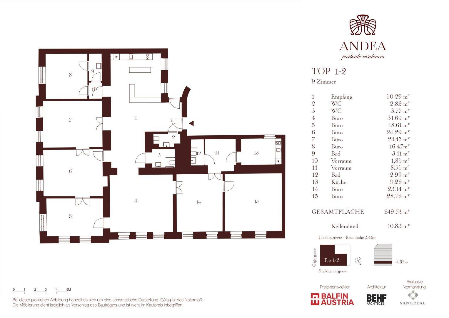 Grundriss der Wohnung Top 1-2 mit neun Zimmern und einer Gesamtfläche von 249,73 m².