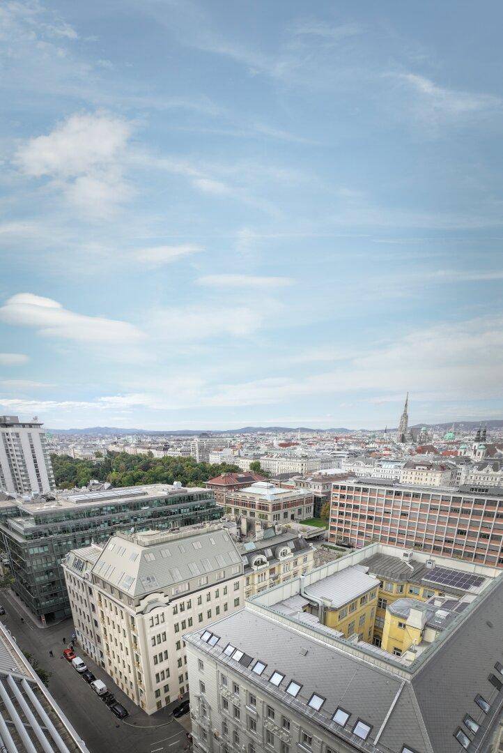 Panoramablick über die städtische Skyline mit vielen Gebäuden unter einem weiten blauen Himmel.