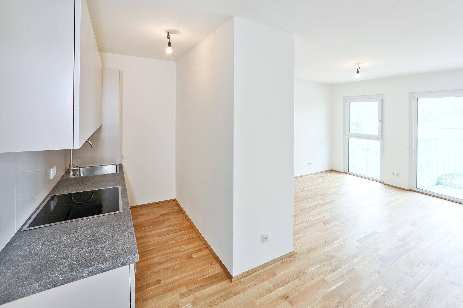 Moderne Küchenzeile mit Spüle und Kochfeld, offen zum angrenzenden Wohnbereich.