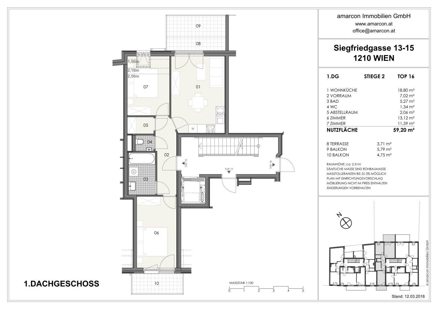 Grundriss der Wohnung mit Balkon und Terrasse, zeigt die Raumaufteilung.