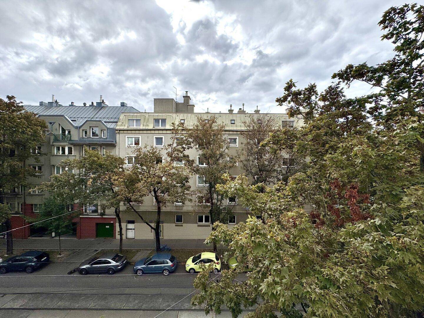 Blick auf die Gebäudefassade und die Straße mit parkenden Autos und Bäumen.
