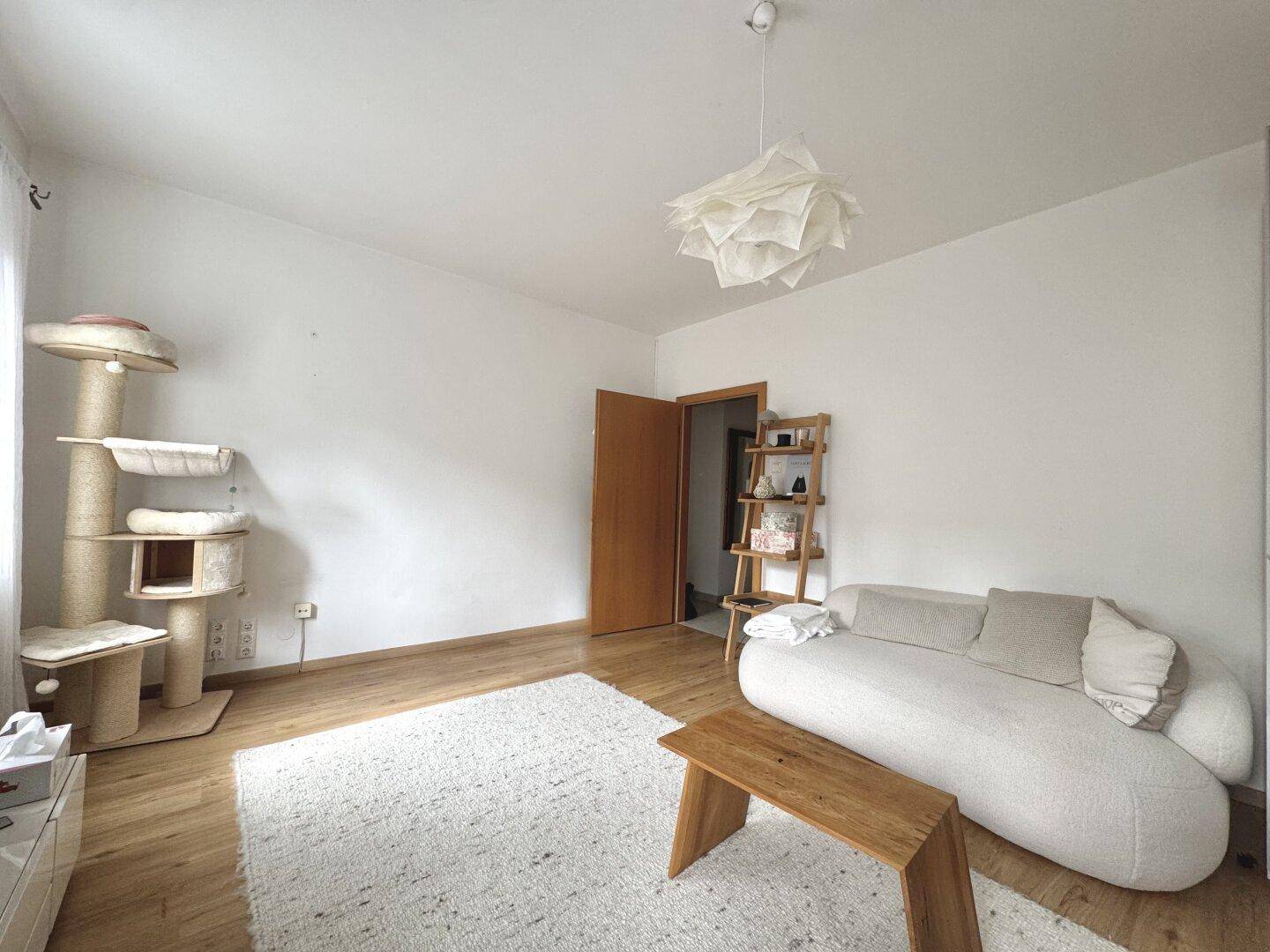Wohnzimmer mit Holzboden, weißem Teppich, Sofa und einem Katzenkratzbaum.
