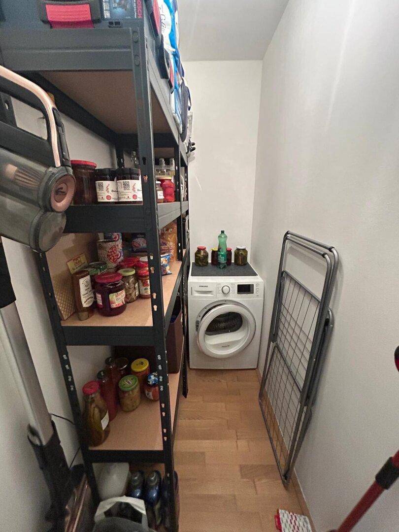 Praktischer Abstellraum mit Regalen für Vorräte und einer Waschmaschine.