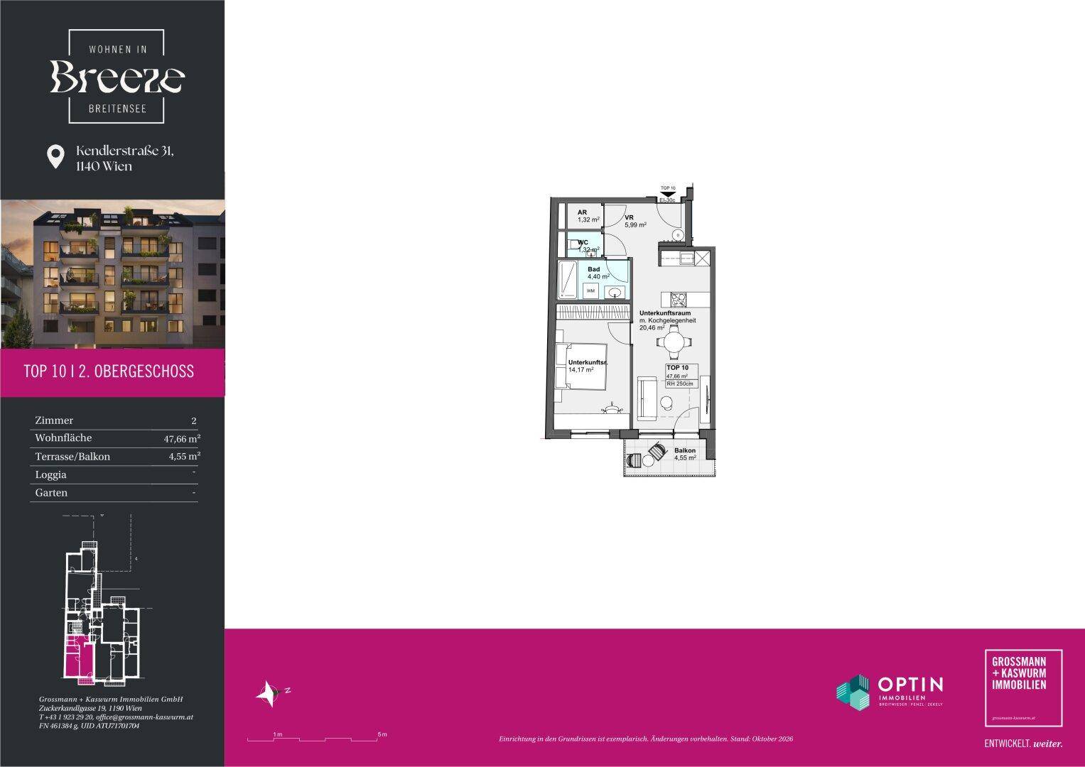 Grundriss einer Wohnung mit offenem Wohnbereich, Schlafzimmer, Bad und Balkon.