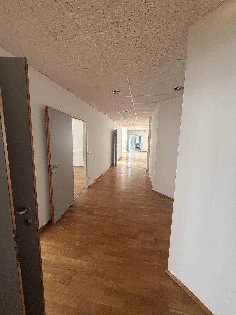 Langer, heller Flur mit Holzparkettboden und weißen Wänden, der zu weiteren Räumen führt.
