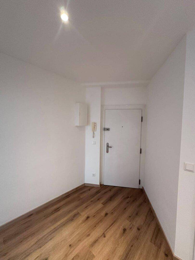 Heller Eingangsbereich mit Holzboden und Gegensprechanlage, der zu den Wohnräumen führt.