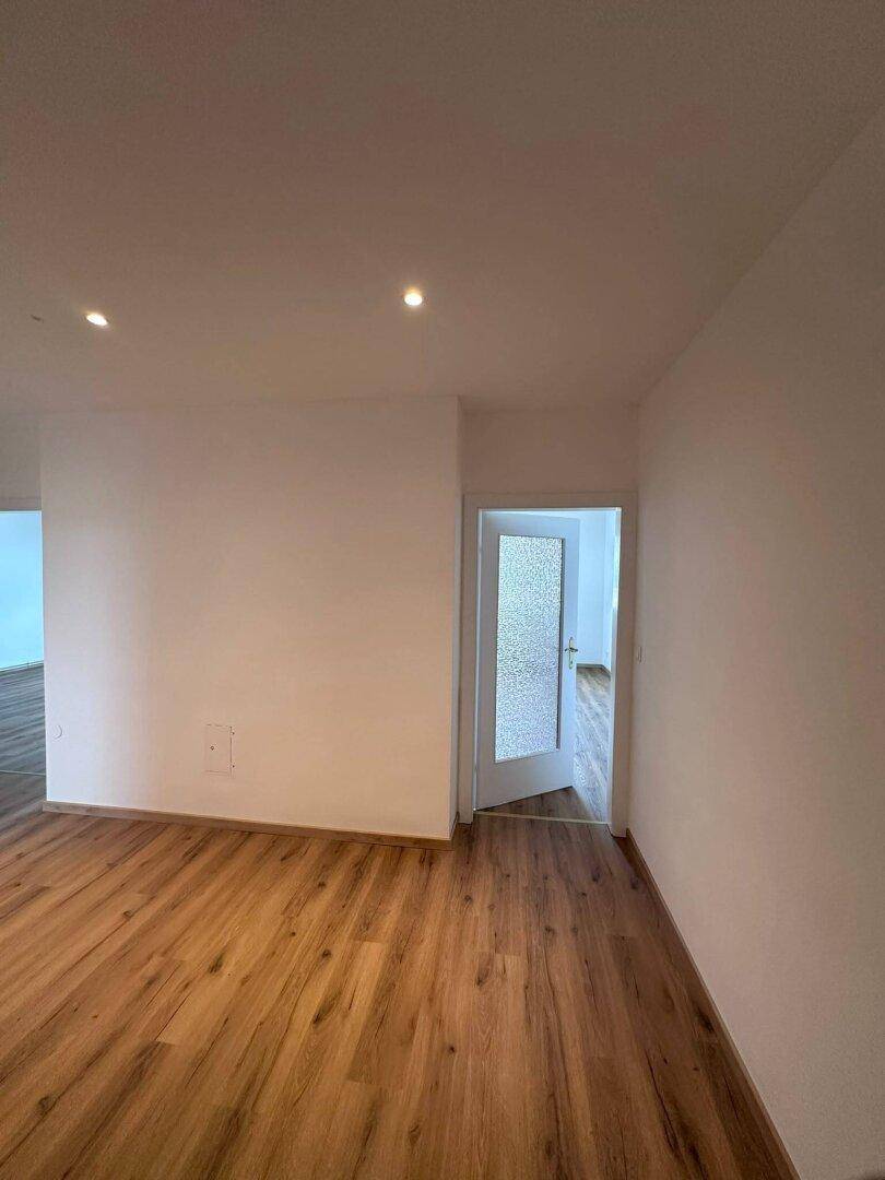 Geräumiger Flur mit Laminatboden und einer Tür, die in einen weiteren Raum führt.