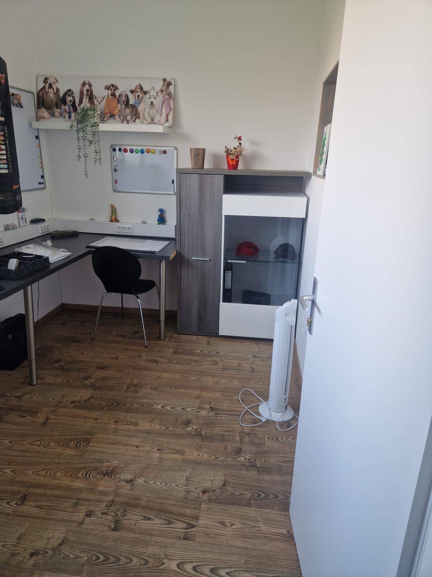 Modern eingerichtetes Büro mit einem Schreibtisch, einem Aktenschrank und einem Ventilator. Der Boden ist mit Laminat ausgelegt.