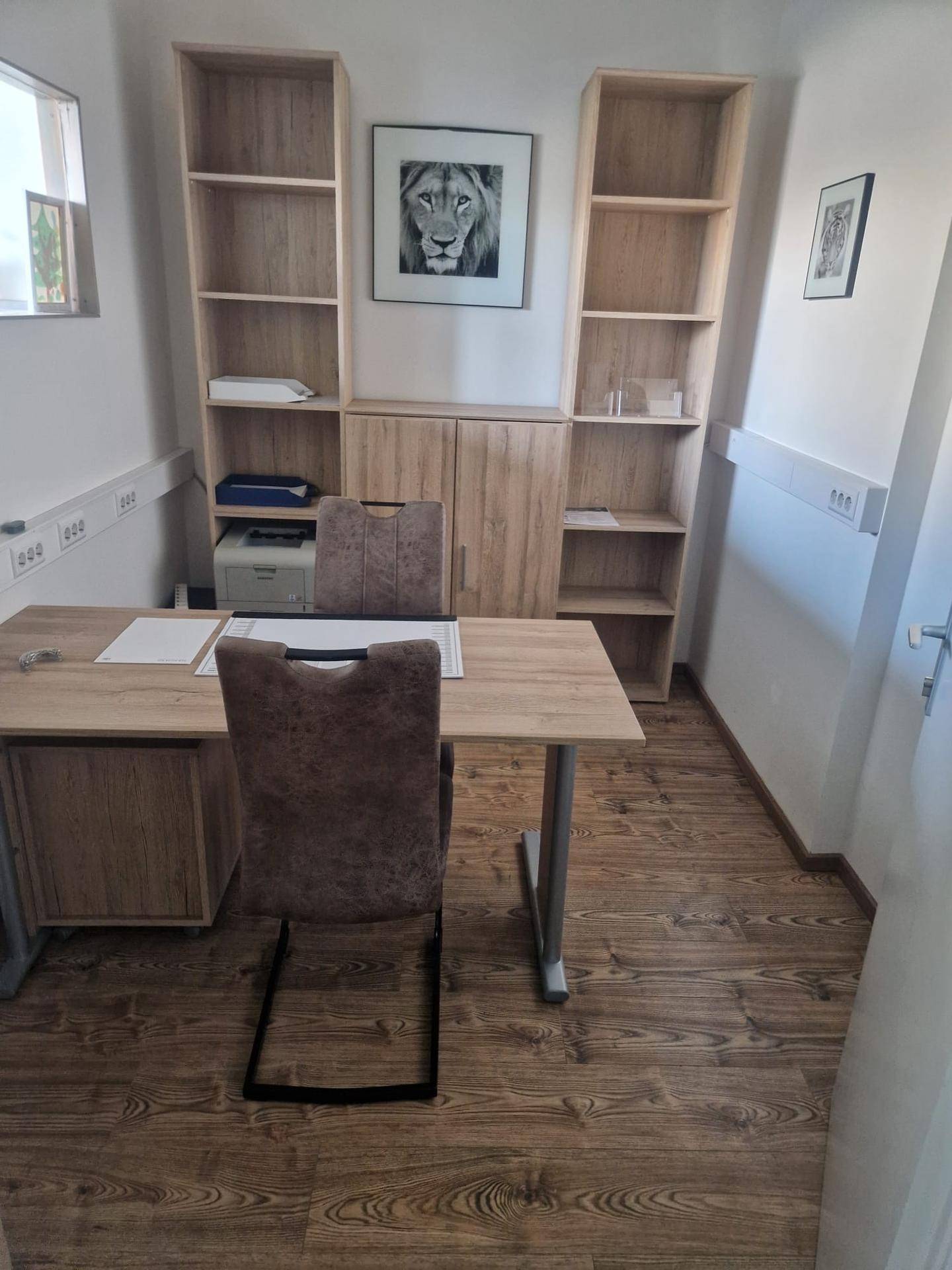 Helles Büro mit Holzmöbeln, Regalen und einem Schreibtisch. Der Boden ist mit Laminat ausgelegt.