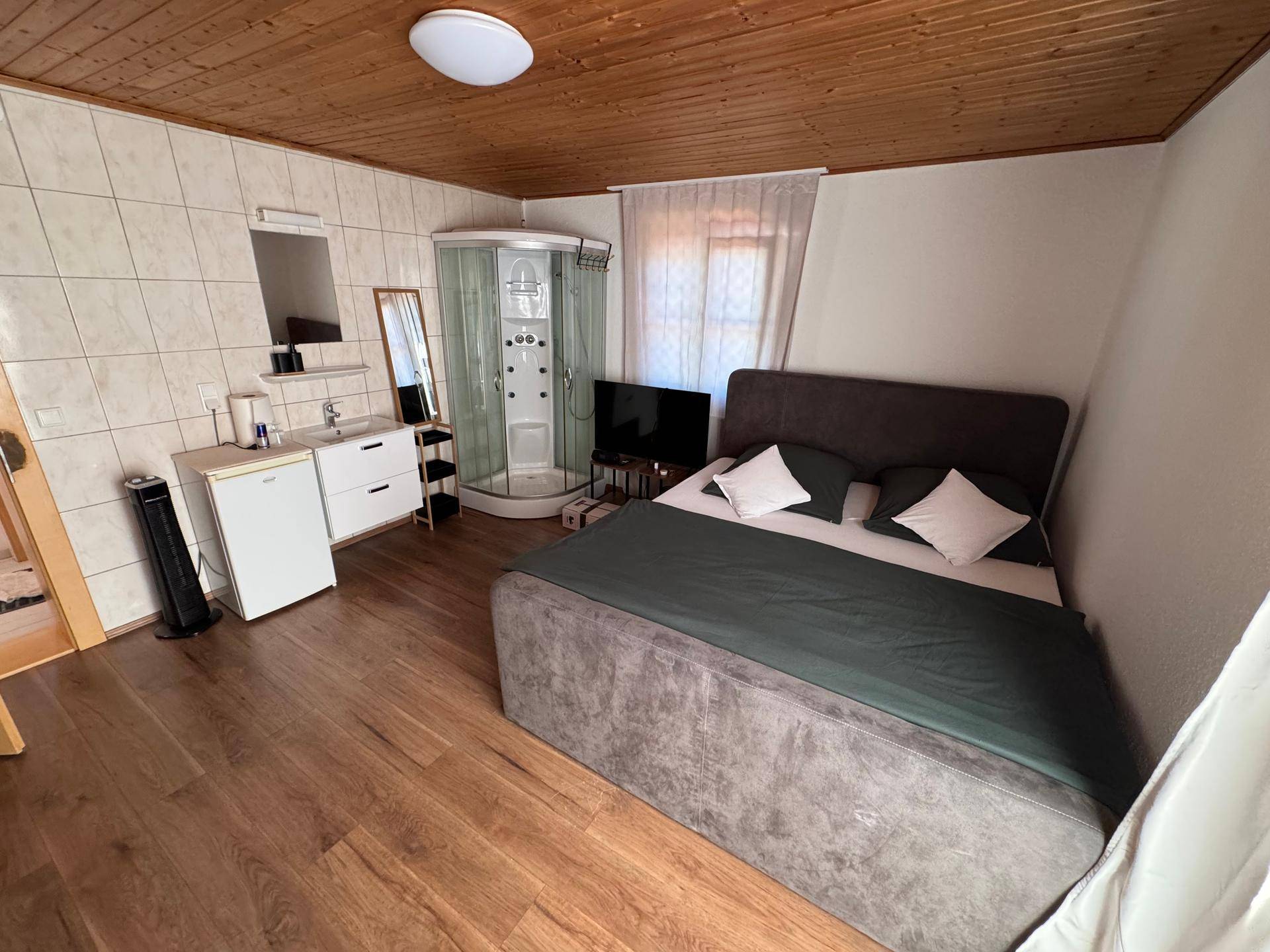 Schlafzimmer mit integriertem Badebereich, inklusive Duschkabine, Waschbecken und Holzboden.