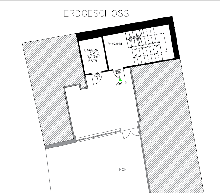 Grundriss des Erdgeschosses mit Lagerraum und Treppenaufgang.