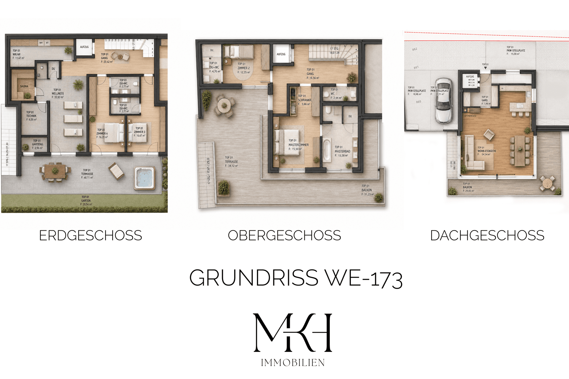 Übersicht der Grundrisse für Erdgeschoss, Obergeschoss und Dachgeschoss des Anwesens.