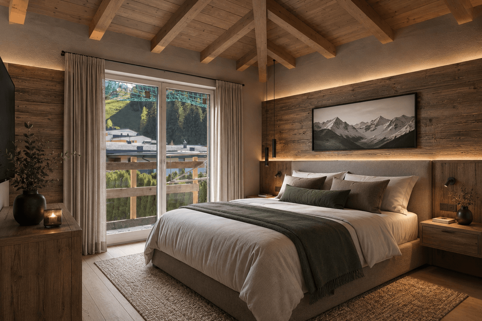 Gemütliches Schlafzimmer mit Holzwänden, sichtbaren Dachbalken und Zugang zu einem Balkon mit Bergblick.