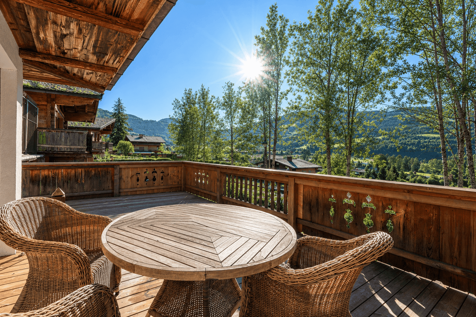 Sonniger Balkon mit Holzboden und Korbmöbeln, bietet einen weiten Blick auf die Berge.