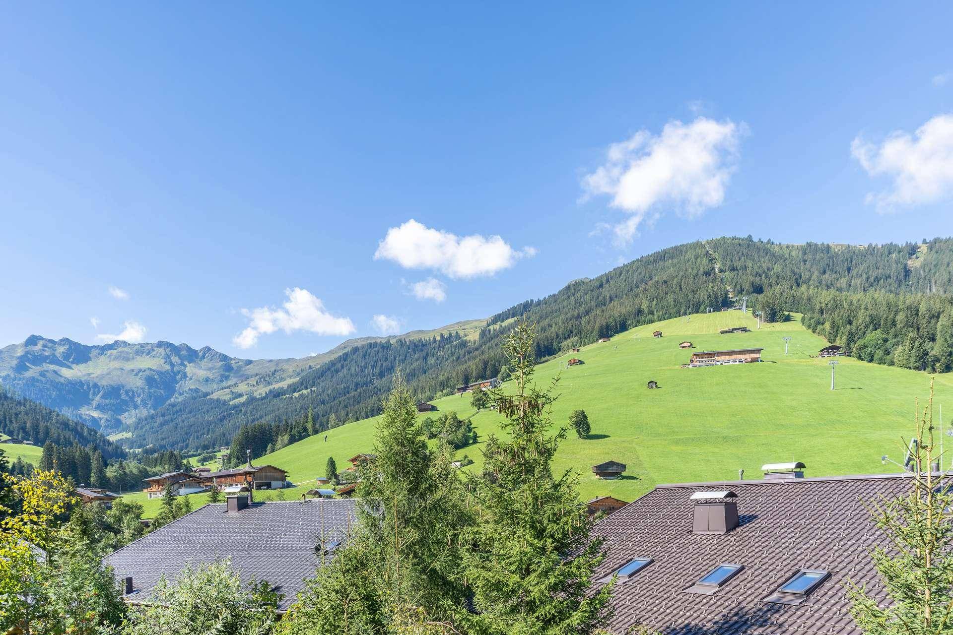 Panoramablick über die Dächer der Häuser auf die umliegende Berglandschaft und grüne Wiesen.