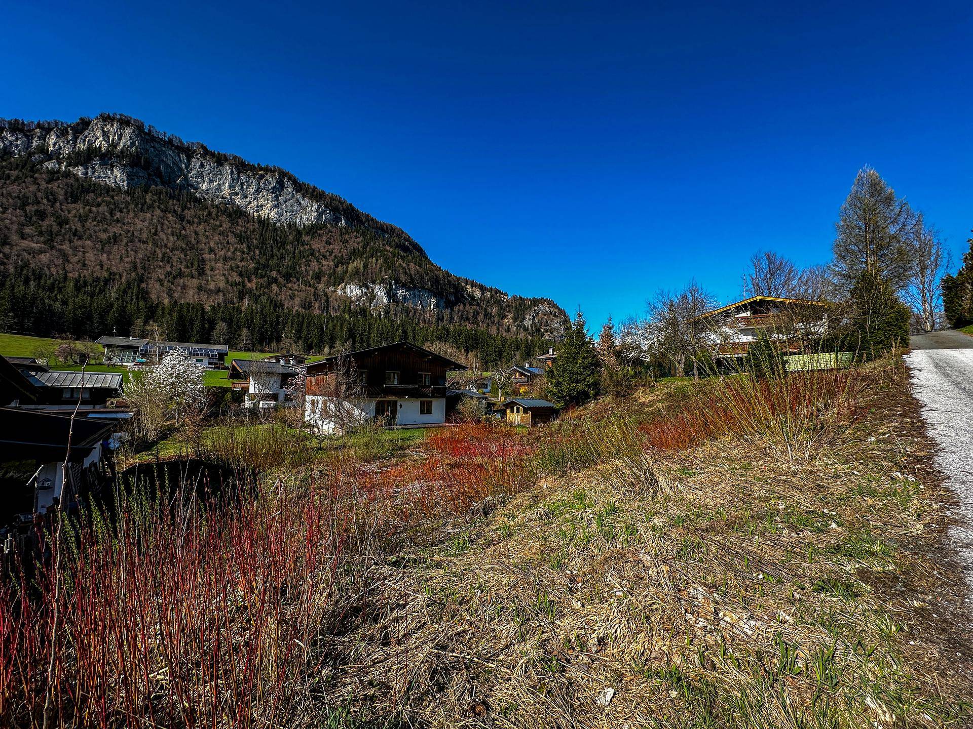 Malerische Alpenlandschaft mit Häusern, einem Feldweg und imposanten Bergen am sonnigen Horizont.