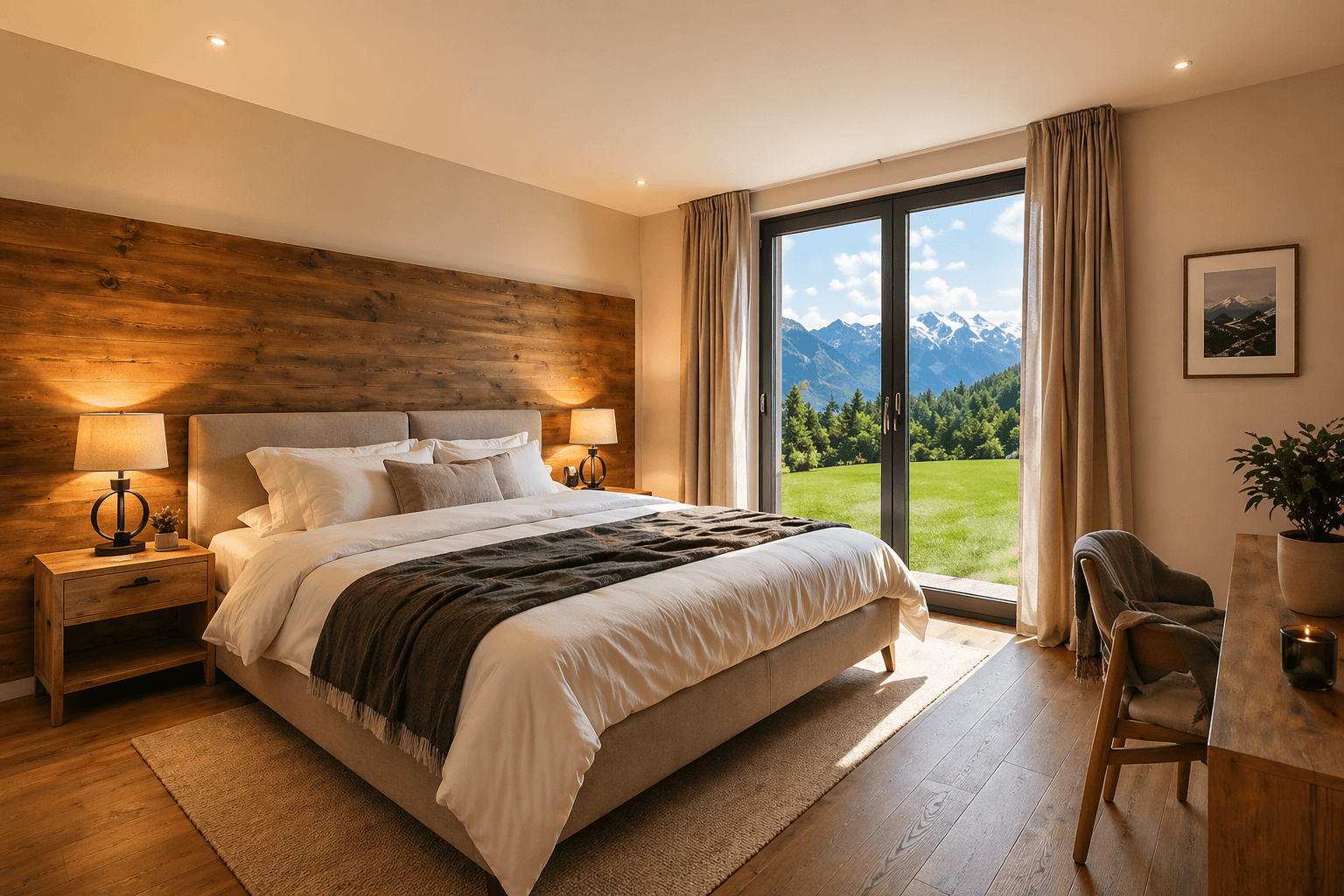 Helles Schlafzimmer mit Holzakzenten, bodentiefen Fenstern und weitem Blick auf die grüne Berglandschaft.
