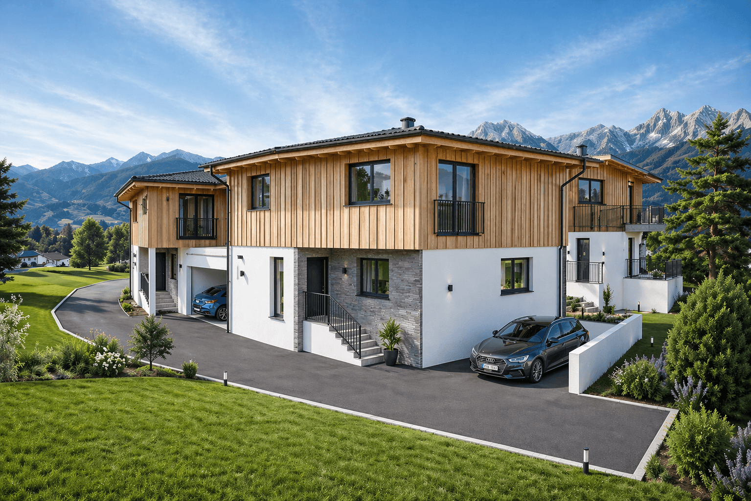 Zeitgenössische Häuser mit Holzverkleidung und Steinelementen, harmonisch in die Berglandschaft integriert.