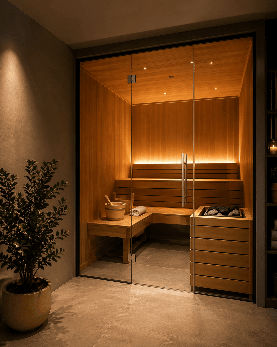 Private Sauna mit Holzbänken und stimmungsvoller Beleuchtung für entspannende Momente.